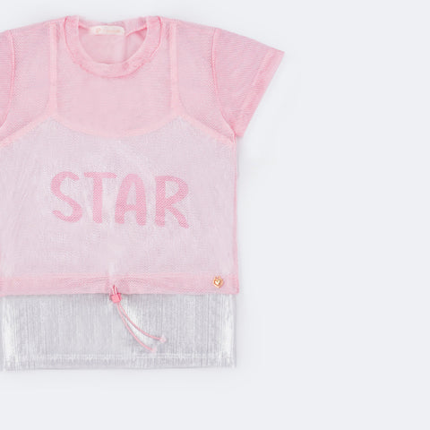 Camiseta Infantil Sobreposta Pampili Star Holográfica Rosa e Prata  - lado da camiseta 