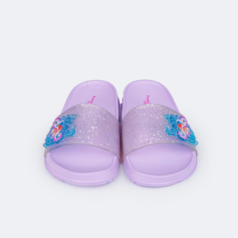 Chinelo Slide Infantil Pampili Fun Glee Cavalo Marinho Glitter Lilás - frente chinelo infantil feminnino