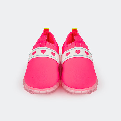 Tênis de Led Infantil Pampili Liz Luz Corações Lycra Pink e Amarelo Flúor - frente do tênis 