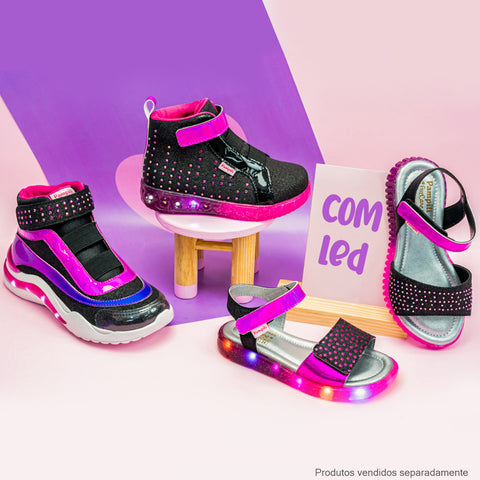 Tênis de Led Cano Médio Infantil Pampili Sneaker Seja Luz Preto e Pink - coleção calçado infantil de led