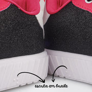 Tênis Infantil Pamps Feminino Pampili Preto e Pink - Vem com Pelúcia Bela Exclusiva - escrito em braile