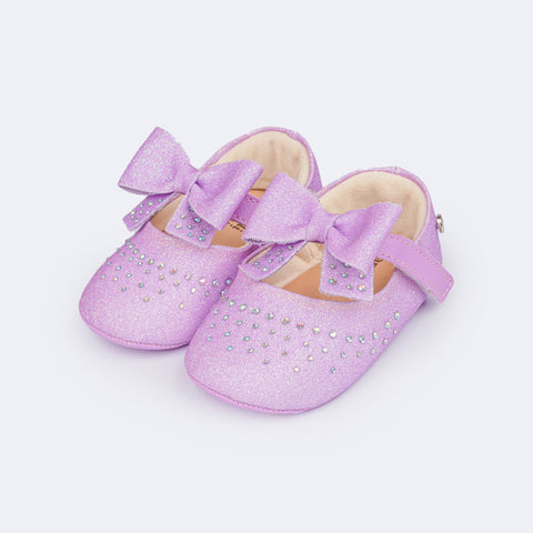 Sapato de Bebê Pampili Nina Momentos Especiais Glitter Strass Laço Lilás - frente do sapato bebê glitter