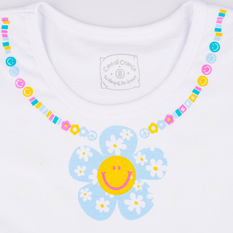Camisola Kids Cara de Criança Brilha no Escuro Flores Branca e Azul - 8 Anos - estampa na gola