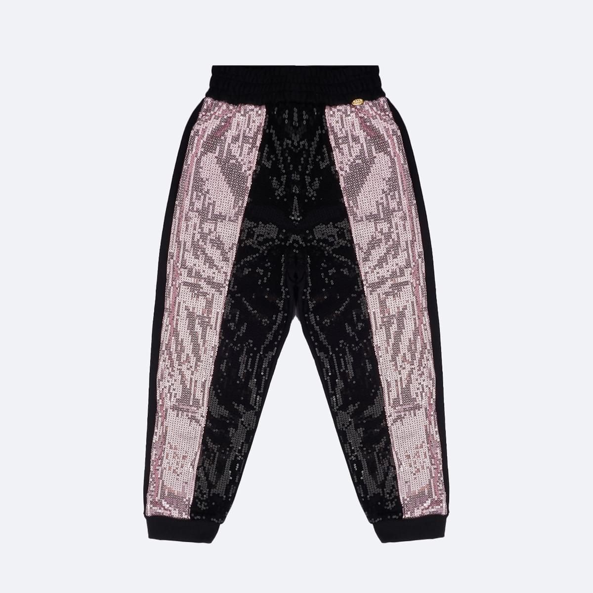 Calça Jogger Pampili Moletom Paetê Preta e Rosa - frente calça infantil paetê