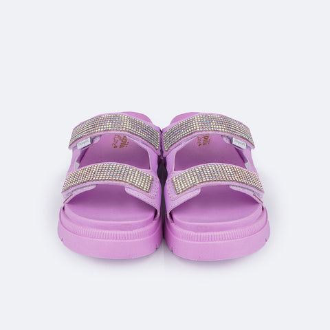 Sandália Infantil Pampili Anny Birken Tratorada com Strass Lilás - frente da sandália com strass