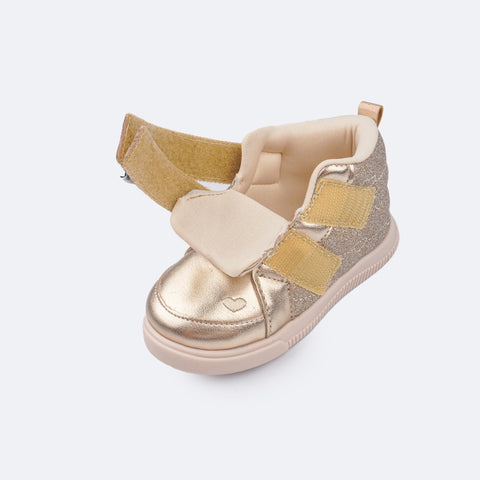 Tênis Infantil Feminino Pampili Pom Pom Bordado Coração Dourado - tênis infantil calce fácil