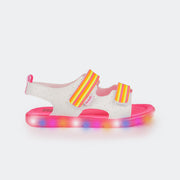 Sandália de Led Infantil Pampili Lulli Calce Fácil Listras Branca e Pink - foto lateral das luzes de led coloridas