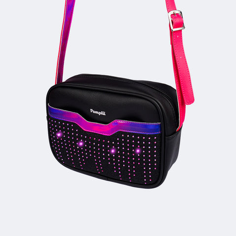 Bolsa Infantil Pampili Seja Luz Holográfica Preta e Pink - bolsa infantil com led