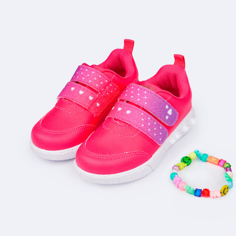 Tênis de Led Infantil Pampili Sneaker Luz Phone Strap Pink Maravilha - frente do tênis com brinde