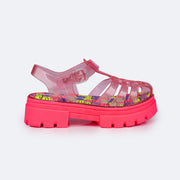 Sandália Infantil Lyra Glee Tratorada Transparente Rosa e Colorida - lateral da sandália transparente