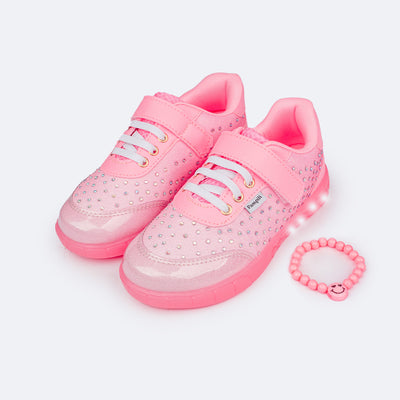 Tênis de Led Infantil Pampili Sneaker Luz Rosa Neon - tênis e pulseira emoji