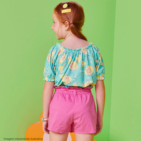 Conjunto Infantil Kukiê Cropped Abacaxi Azul e Rosa - costas do conjunto