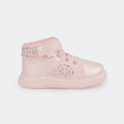 Tênis Cano Médio Infantil Pampili Pom Pom Glitter Cristal Brilho Perolado Rosa Bebê  - foto da lateral do tênis com glitter e pedras 