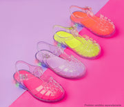 Sandália de Led Infantil Pampili Full Plastic Valen Transparente com Glitter e Pink Fluor.