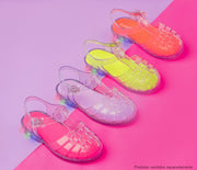Sandália de Led Infantil Pampili Full Plastic Valen Transparente com Glitter e Lilás.