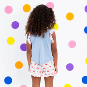 Pijama Kids Cara de Criança Brilha no Escuro Babado Caranguejo Azul e Branco - 4 a 8 Anos - parte traseira do pijama infantil na menina