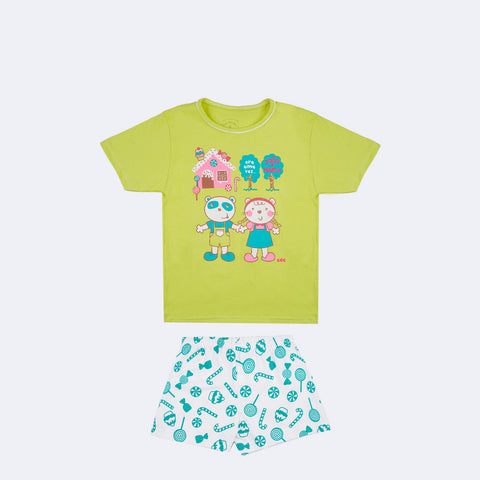 Pijama Kids Cara de Criança João e Maria Verde e Branco - 4 a 8 Anos - frente do pijama