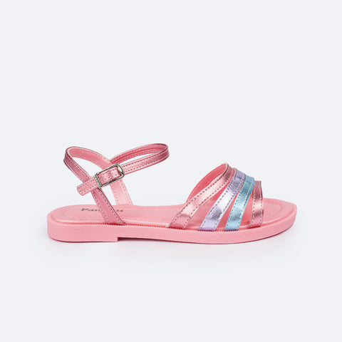 Sandália Infantil Pampili Lila Tiras Rosa e Colorida - lateral com fivela sem pino