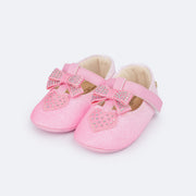 Sapato de Bebê Pampili Nina Momentos Especiais Laço e Coração Strass Degradê Rosa Bale - frente do sapato de bebê com brilho
