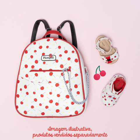 Tênis Primeiros Passos Pom Pom com Velcro Cereja Branco e Vermelho.