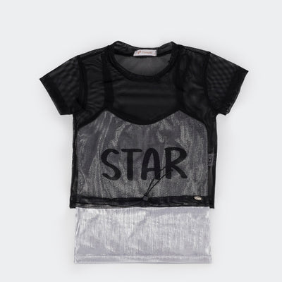 Camiseta Infantil Sobreposta Pampili Star Preta e Prata  - foto da frente da camiseta sobreposta com tule 