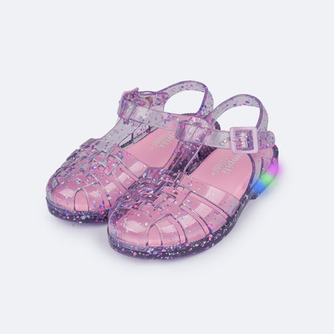 Sandália de Led Infantil Pampili Full Plastic Valen Transparente e Roxa - frente da sandália infantil feminina