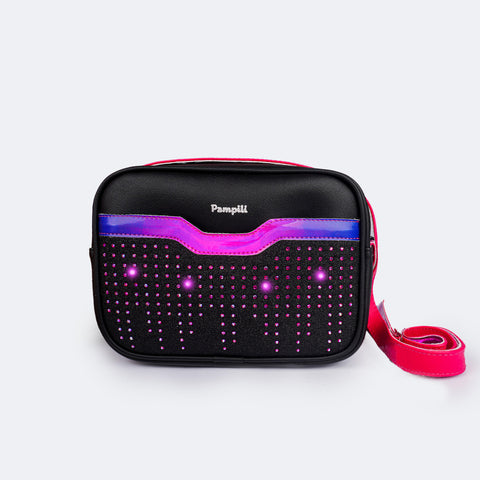 Bolsa Infantil Pampili Seja Luz Holográfica Preta e Pink - frente da bolsa preta de led