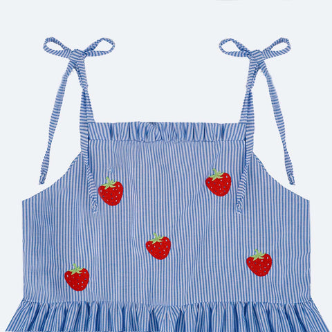 Vestido Infantil Bambollina Três Marias Morango Listras Azul - alça regulável