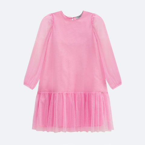 Vestido de Festa Infantil Kukiê Tule Brilho Rosa - frente vestido infantil tule