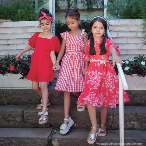 Vestido Pré-Adolescente Bambollina Xadrez com Babado e Laços Vermelho e Branco - 8 a 12 Anos - meninas com os vestidos