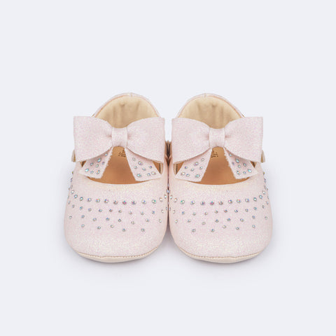 Sapato de Bebê Pampili Nina Momentos Especiais Glitter Strass Nude - frente do sapato infantil com laço