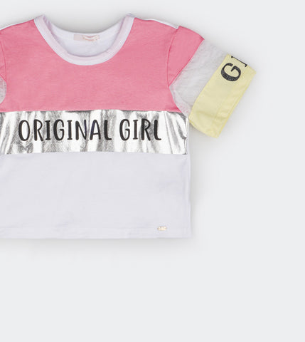 Camiseta Infantil Feminina Pampili Original Girl Branca Rosa Amarela  - foto da parte frontal com metalizado prata