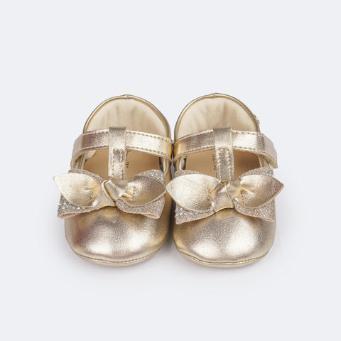 Sapato de Bebê Pampili Nina com Laço Nó Glitter e Strass Dourado - frente do sapato infantil dourado