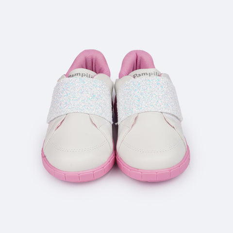 Tênis de Led Infantil Pampili Sneaker Luz Paetê e Briho Branco - frente do tênis  menina