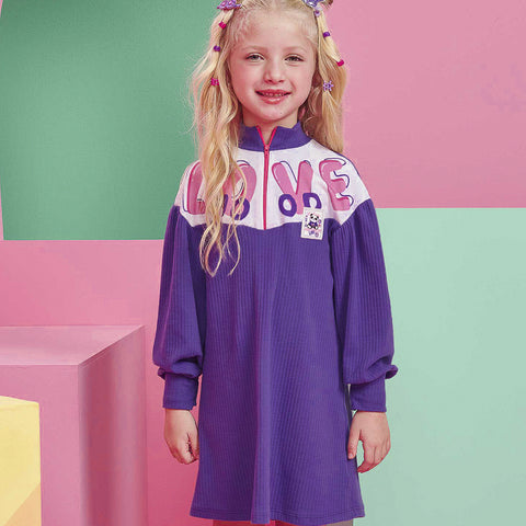 Vestido Infantil Kukiê Manga Longa Bufante Canelado Roxo - frente vestido infantil inverno