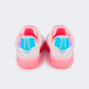 Tênis de Led Infantil Pampili Sneaker Seja Luz Glitter Strass Branco e Rosa Neon - parte traseira do tênis holográfica