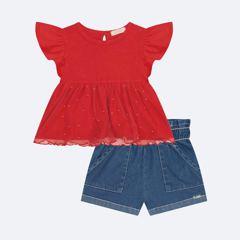 Conjunto Bebê Kukiê Bata Tule Vermelha e Short Jeans - frente conjunto menina