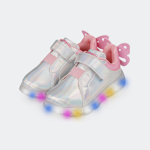 Tênis de Led Infantil Pampili Liz Luz com Borboleta Glitter e Holográfico Prata - material com brilho e luzes de led no solado
