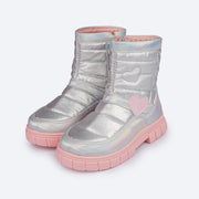 Bota Coturno Feminina Pampili Lucky Comfy Coração Holográfica Prata - frente bota coturno