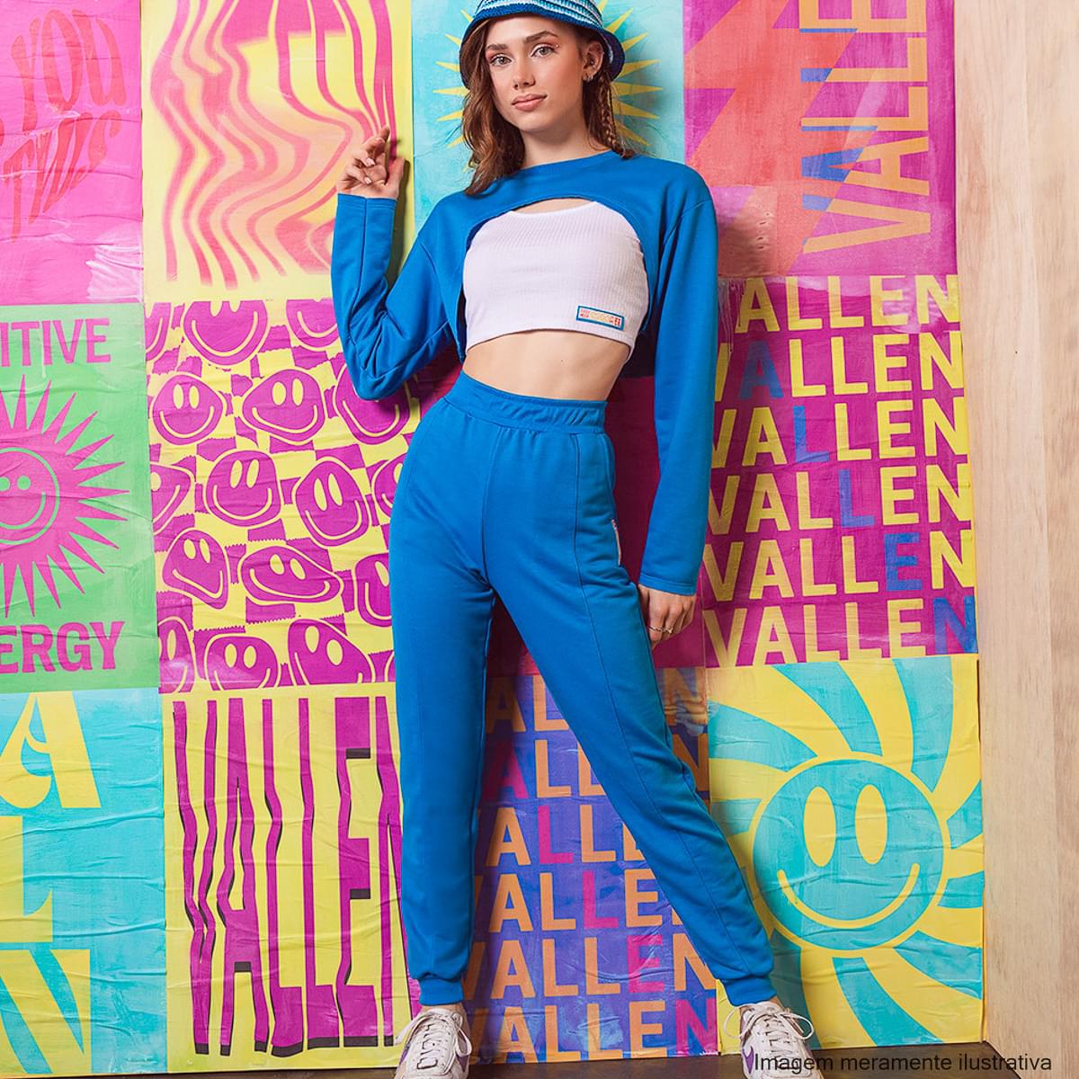 Top e Blusa Manga Longa Vallen Sobreposição Branco e Azul - regata e sobreposição