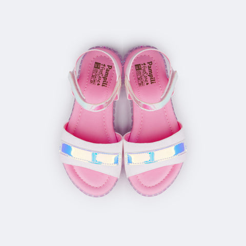 Sandália Papete Infantil Pampili Candy Glitter Holográfica Branca e Rosa - palmilha confortável