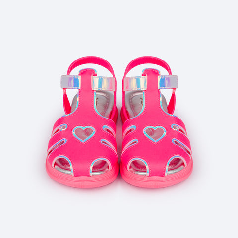 Sandália Infantil Pampili Flower Coração Holográfica Pink Flúor - frente sandália rosa