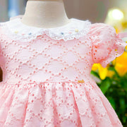 Vestido de Bebê Roana Laise Gola Bordada e Laços Rosa - 1 Ano - gola de renda gripir