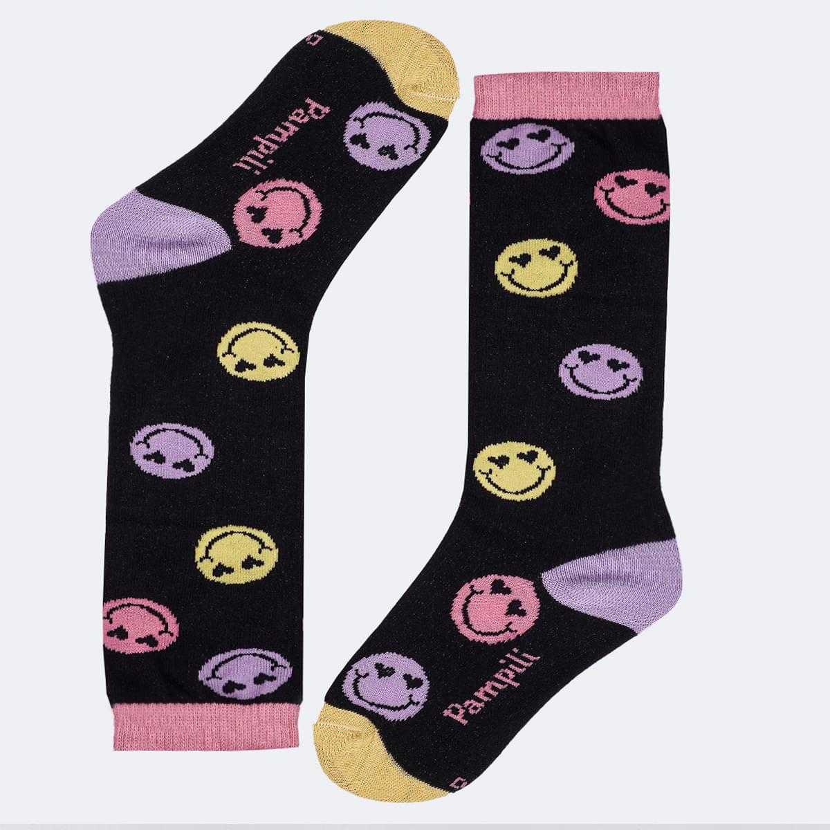 Meia Infantil Feminina 7/8 Pampili Carinha Divertida Preta e Colorida - meia infantil emoji