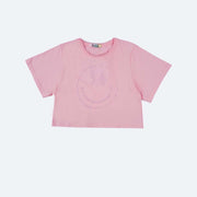 Cropped Infantil Kukiê Emoji Strass Rosa Claro - frente do cropped infantil rosa