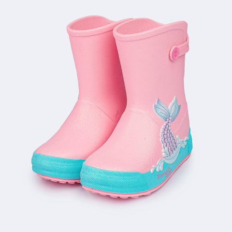 Bota Galocha Infantil Pampili Happy Glee Sereia Glitter Rosa e Azul - bota infantil feminina com glitter