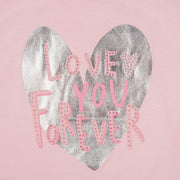 Camiseta Infantil Feminina Pampili Love You Forever Estampa Metalizada Rosa - foto da estampa metalizada e aplicação de strass