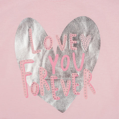 Camiseta Infantil Feminina Pampili Love You Forever Estampa Metalizada Rosa - foto da estampa metalizada e aplicação de strass