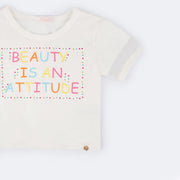 Camiseta Infantil Feminina Pampili Attitude Tachas Coloridas Off White  - lateral da camiseta com estampa e transparência 