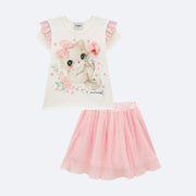 Conjunto Infantil Kukiê Blusa Strass e Saia Tule Branca e Rosa  - frente do conjunto blusa e saia infantil